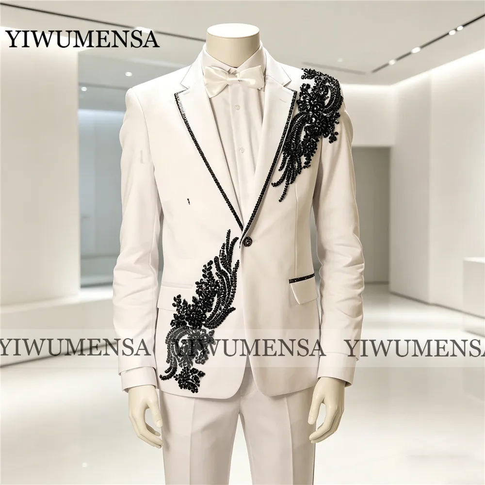 

Luxury Beaded Applique Wedding Suits For Man Crystals Lable Prom Blazer Pants 2 Piece Man Tuxedo Terno Masculinos Men's Outfit