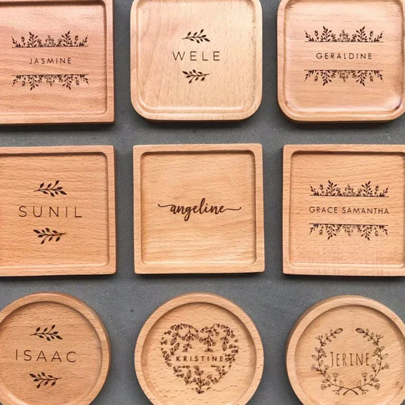 2pcs Free Custom LOGO Wooden Coasters Tea Coffee Coaster Couple Weeding Gift Free Laser Engraving Logo Wood Tea Cup Pad Placemat