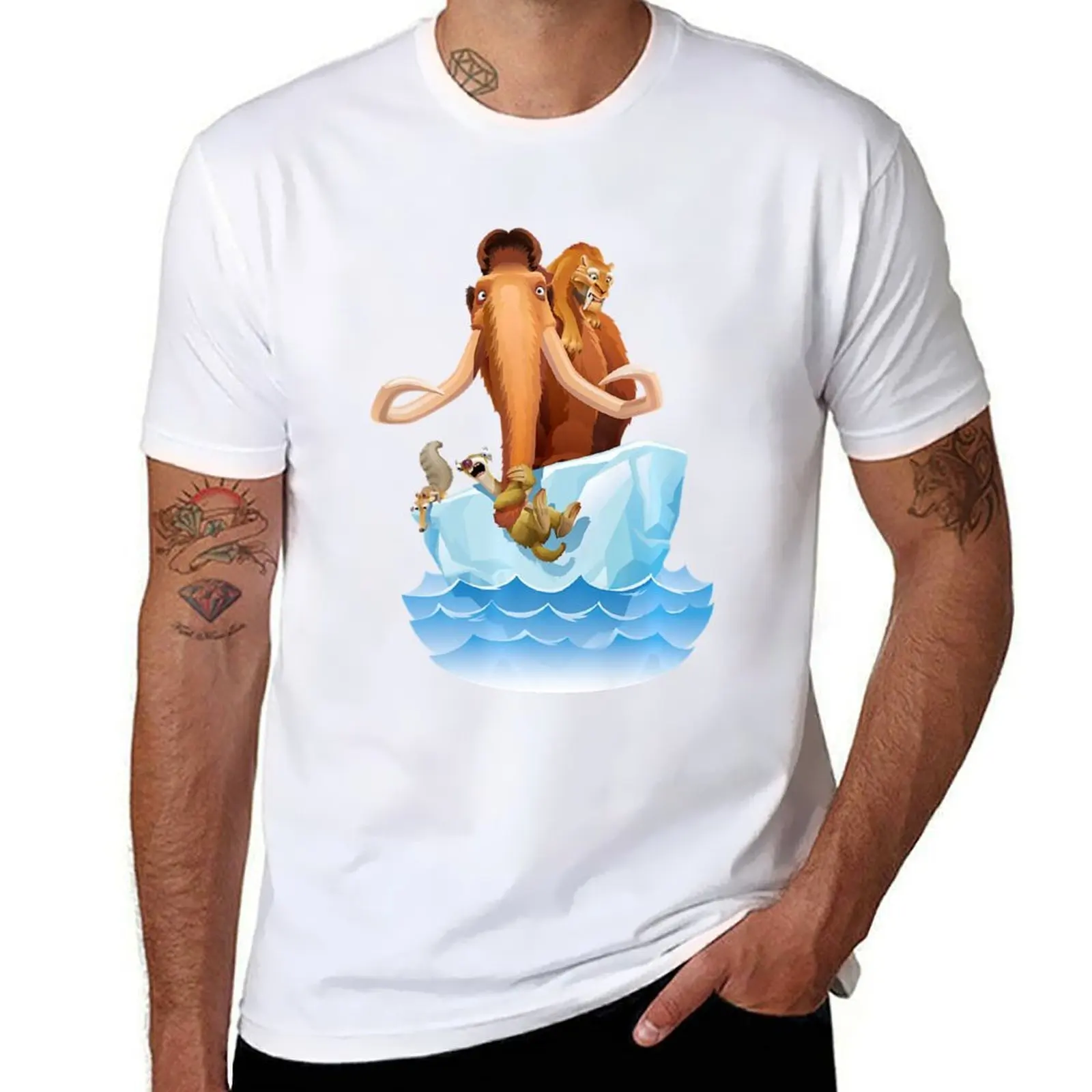 

Ice Age Manfred Diego Sid and Scrat on Iceberg T-Shirt man t shirt heavy cotton man t shirts for men casual T-Shirt