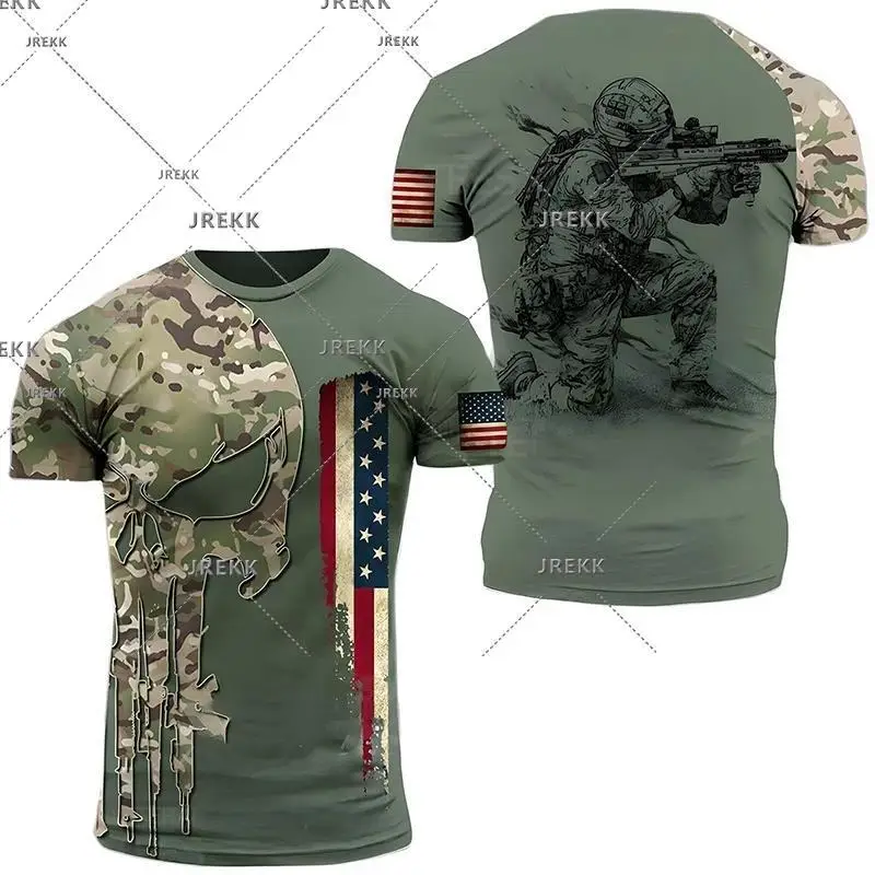 USA US  Fitness Lovers T Shirt For Men Clothing Camouflage Vintage Sports T-Shirt 3D Skull Print Tops Tee Shirts Tactical Tshirt