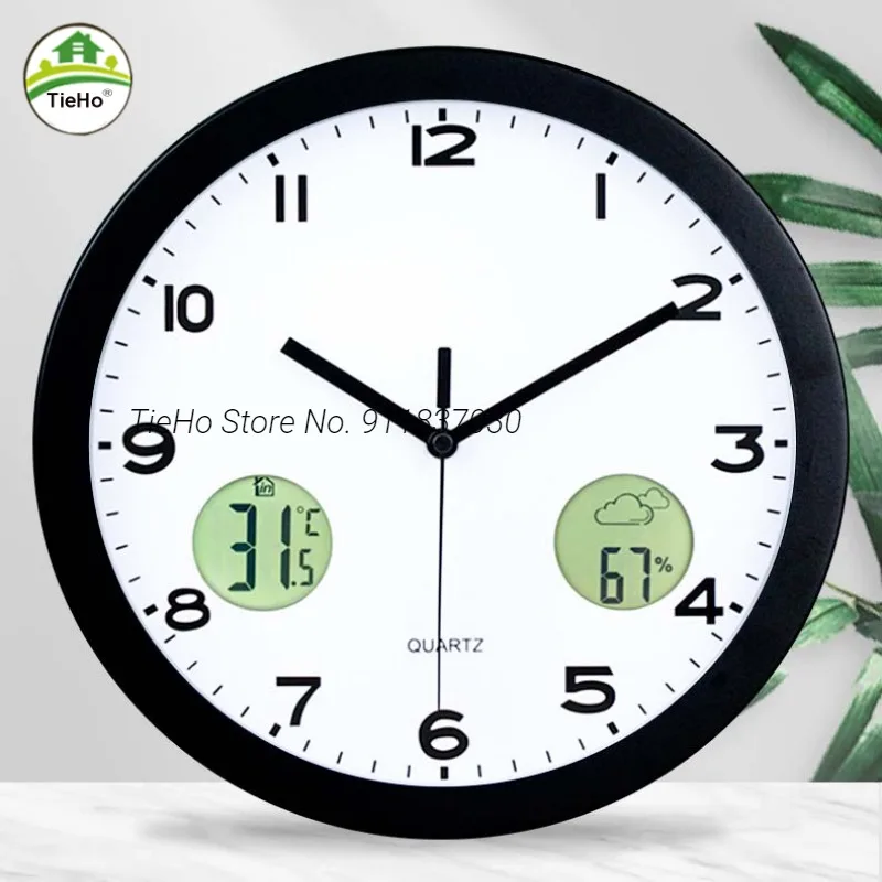 Nordic Brief Wall Decoration Clock, LCD Display, Temperature, Humidity, Silent Metal Wall Timer, Simple Wall Clock, Round Clocks