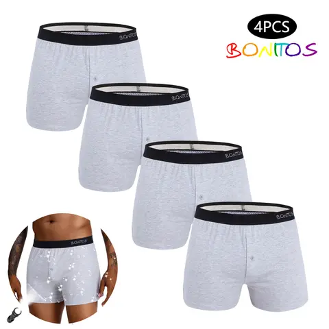 Men's Boxer Briefs Underwear 4pcs Front Open Boxers Cotton Men's Panties Loose Boxer Briefs Underwear For Man Sexy Underpants Mens Fashion Reflective Trunks