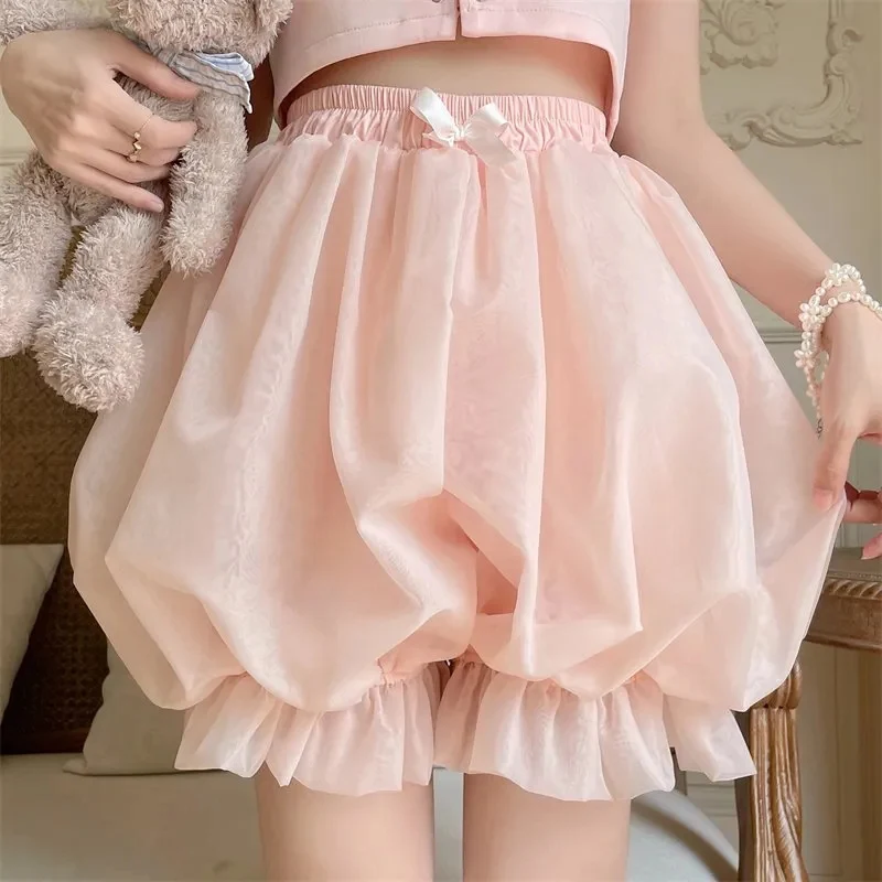 

Summer Kawaii Lolita Shorts Women High Waist Casual Ruffles Harajuku Bottoming Shorts Sweet Harajuku Female Cute Bow New Shorts