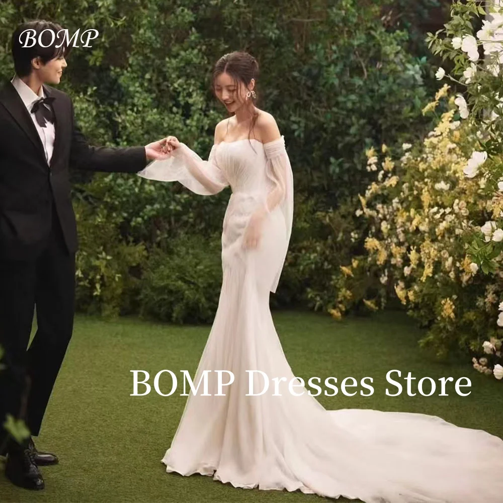 

BOMP Elegant Mermaid Wedding Party Dress Illusion Sleeves Sweep Train Evening Bridal Gown Korea Photo Shoot Customized Fairy