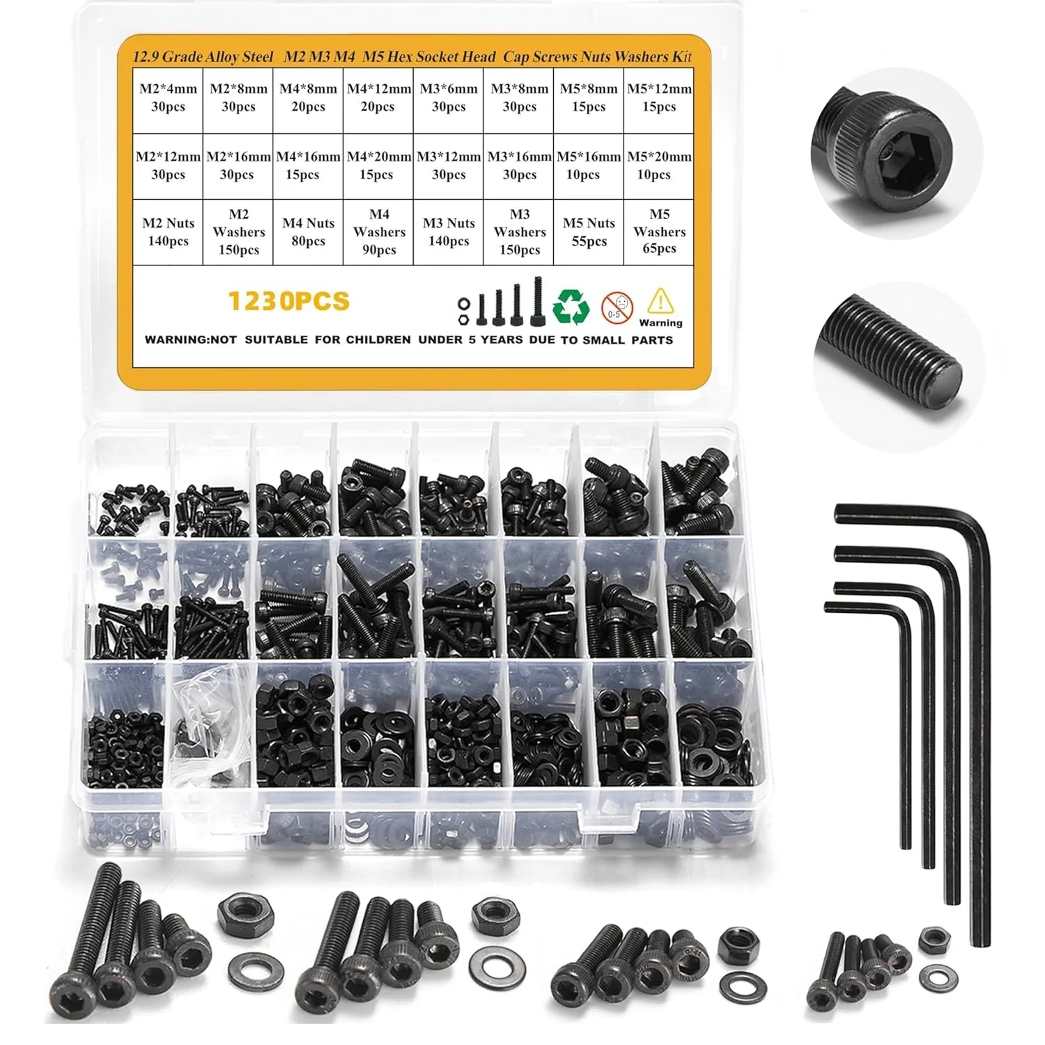 1230Pcs M2 M3 M4 M Screw Nut Washer Assortment 12.9 Grade Alloy Steel Black Zinc Plated Hot Selling