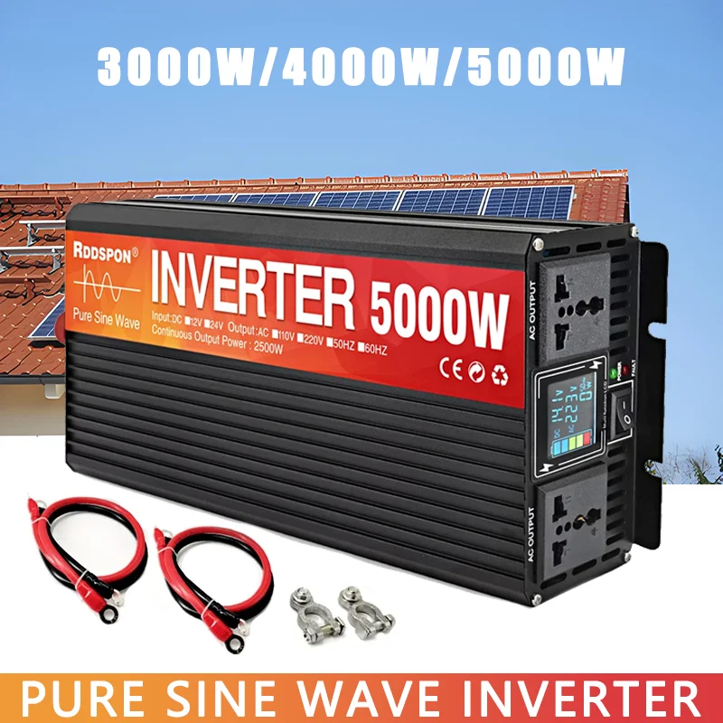 Pure Sine Wave Inverter Voltage Converter Power Supply Double Socket LCD Display DC 12V 24V to AC 220V 3000W 4000W 5000W