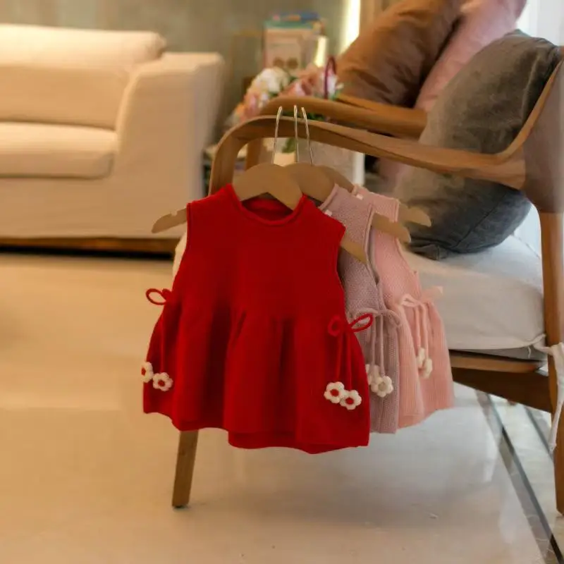 

New Flower Vest Skirt for Children Autumn Winter Knitted Sweater Girl Solid Color Flower Vest Skirt