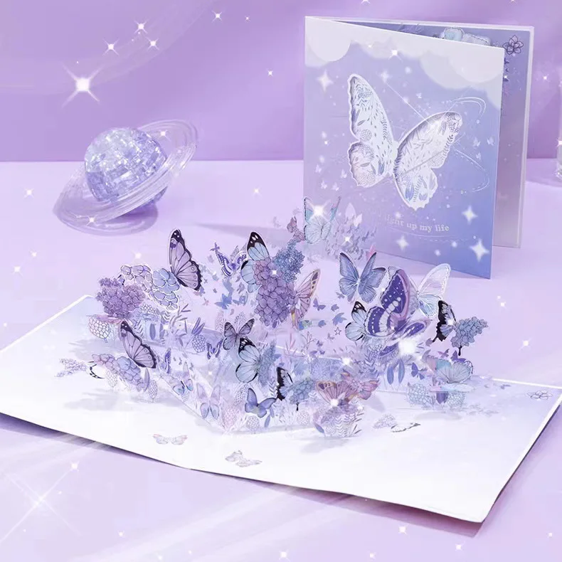 Purple Butterfly Birthday Pop Up Card,PVC graceful butterfly swaying Flower 3D Greeting Card Gift for All Occasion