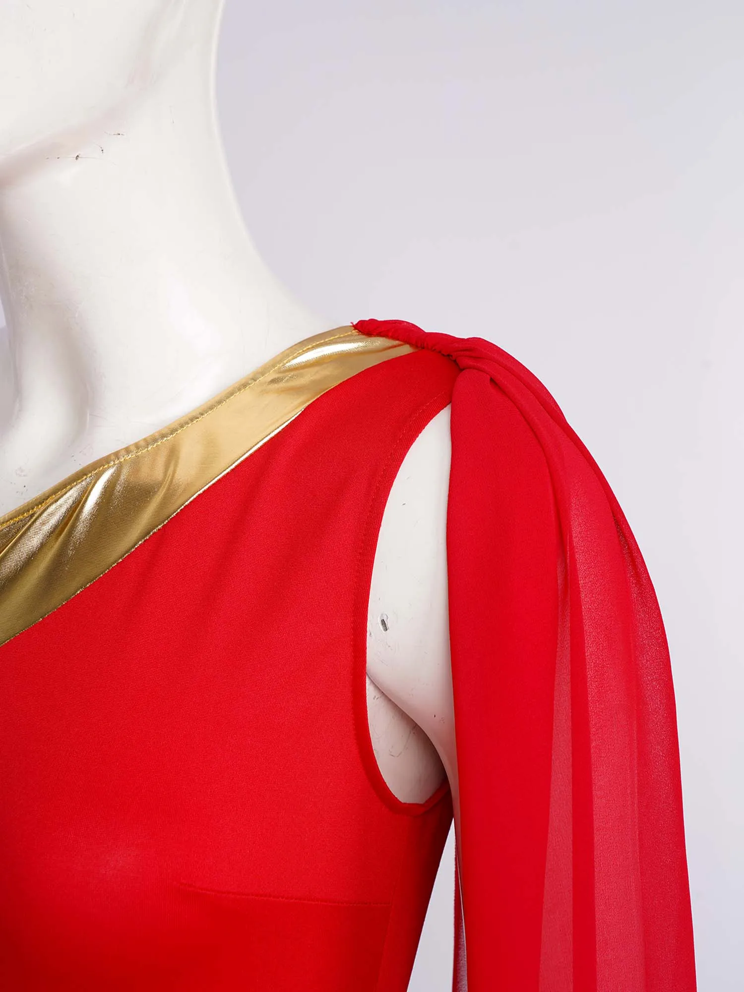 Abito da ballo per lode da donna, monospalla, con drappeggio, senza maniche, con orlo a fessura metallico, per danza liturgica lirica