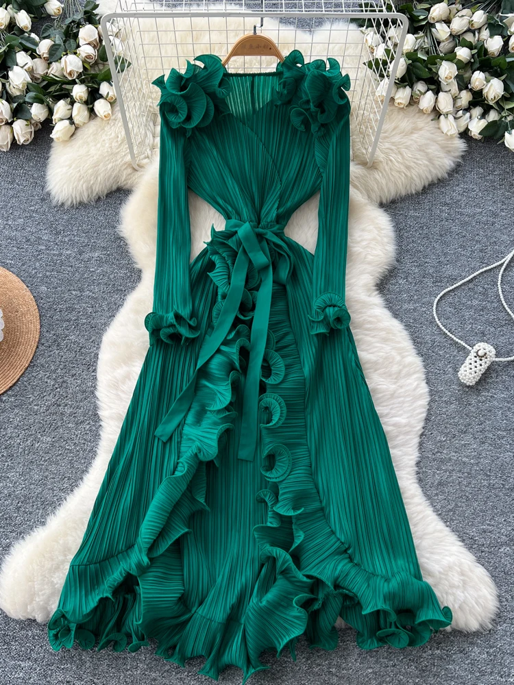 Ele Aラインロングドレス レディース ハイウエスト プリーツ サイドスリット スリム フロア丈ガウン Ele マットデザインセンス