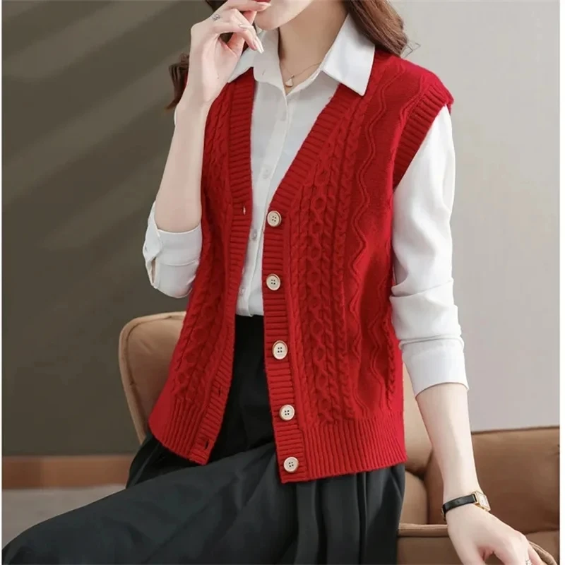 Spring Autumn Sweater Vest Women Solid Color V-Neck Knitted Sleeveless Jacket Female Casual Button Vests Cardigan Waistcoat Coat