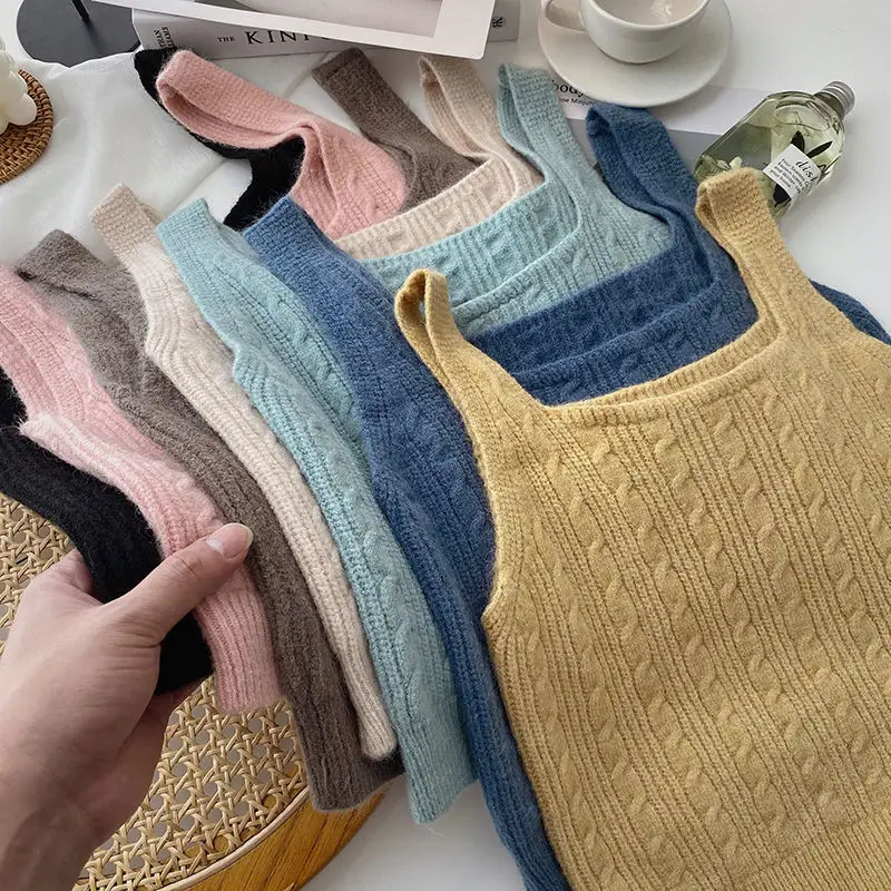 Sweater Vests Women Sleeveless Chic Crops Femme Student Candy Color Korean Version Solid All-match Sweet Style Streetwear Inside