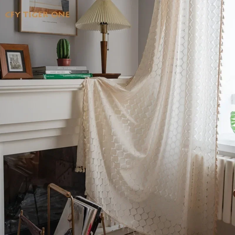 

American Pastoral Embroidered Beige Lace Hollow Curtain Flower Bedroom Window Curtains for Living Room Decor Door Curtain Drapes