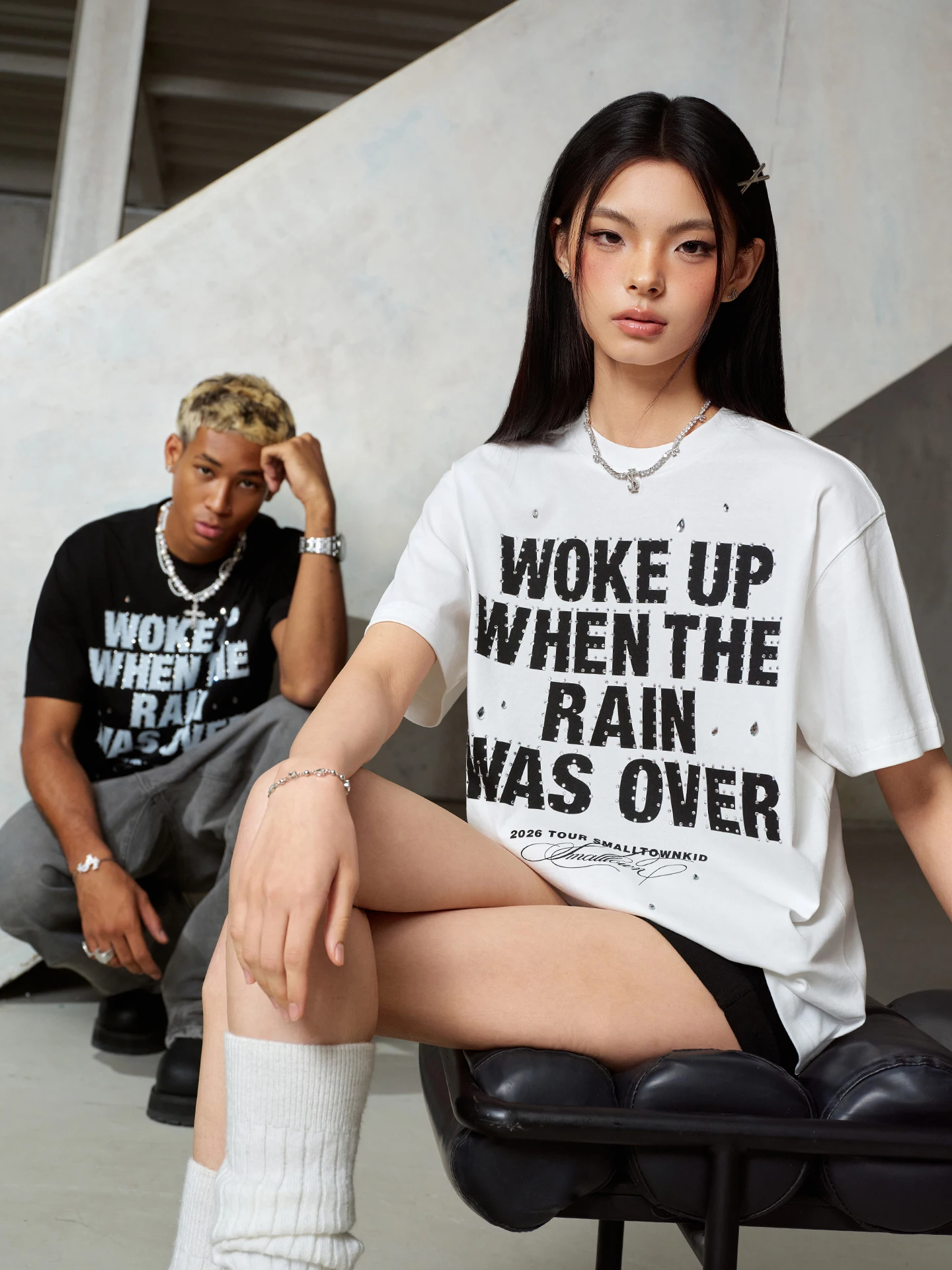 STK SmallTownKid American Style Short Sleeve T-Shirt Letter Drill Performance Album Rainy Day Wake up Loose Fit Knitted Top