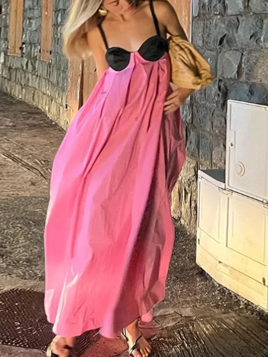 Maxi Cami Kleider für Frauen Sommer ärmellose rücken freie Kontrast farbe offener Rücken locker sitzende Strand kleider 2000s Streewear