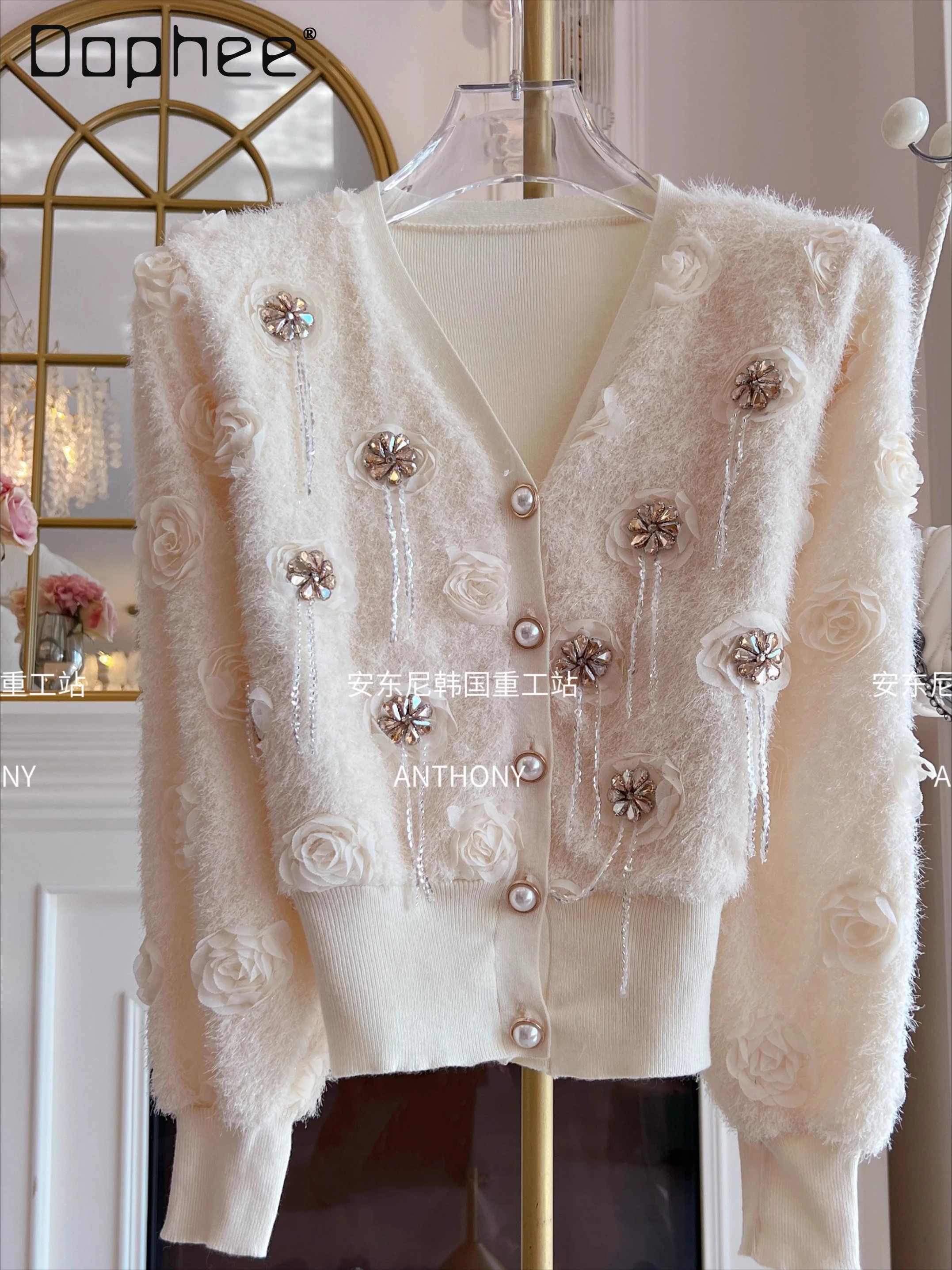 

Korean Floral Embroidery V-Neck Knitted Cropped Cardigan Women Heavy Industry Rhinestones Tassels Loose Long Sleeve Cardigan