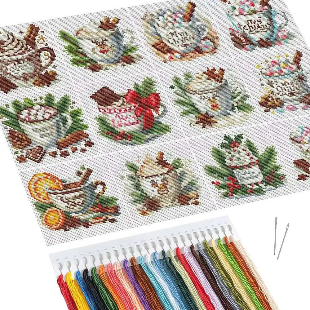 Huacan Kreuzstich-Kaffeetasse, DIY-Stickerei, Kunstwerk, Nähzubehör, bedruckte Leinwand, Einstiegsniveau, Desktop-Dekoration, Geschenk