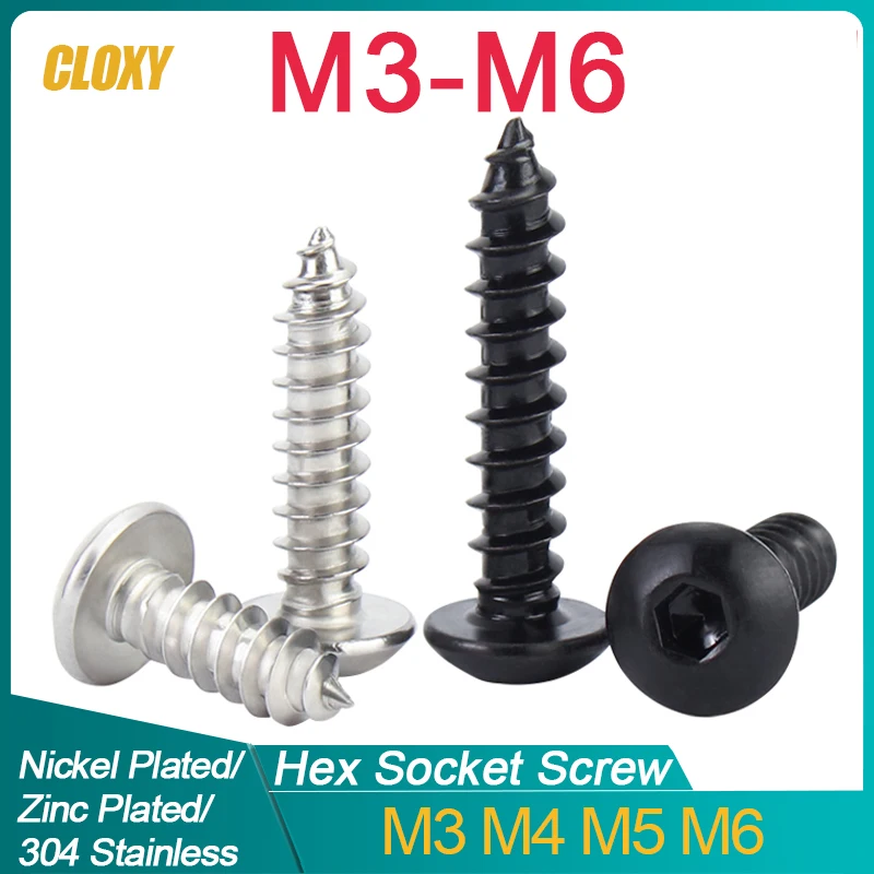 304 Stainless Steel/ Grade8.8 Zinc/ Nickel Plated Carbon Steel Round Head Black Hexagon Socket Self-Tapping M3 M4 M5 M6