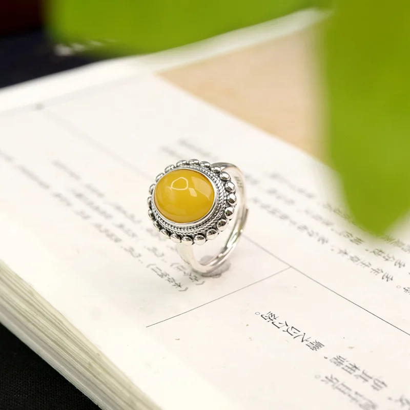 

Ring Women S925 Silver Inlaid With Nepal Style Jewelry Flower Blood Amber