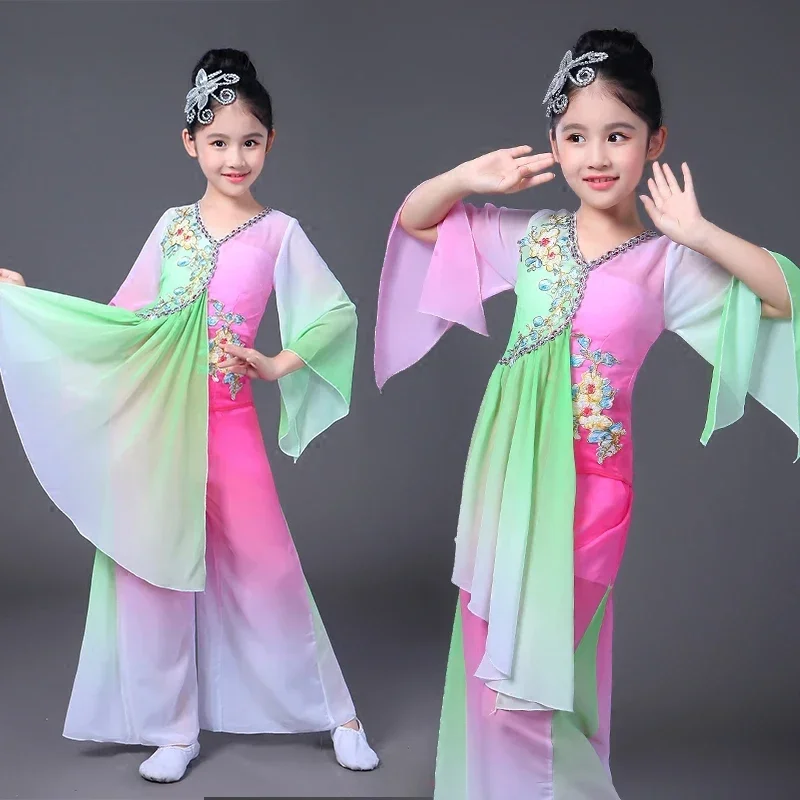 Traje chinês hanfu novos trajes de palco clássicos das crianças guarda-chuva dança étnica meninas yangko roupas fã dança