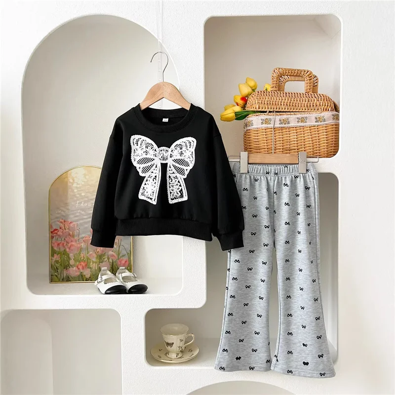 2026 Autumn Bow Print Sets Girls Fashion Pullover Clothing Suits Kids Long Sleeved Tops+Bell-bottom Pants 2Pcs Outfits 3-8 Years