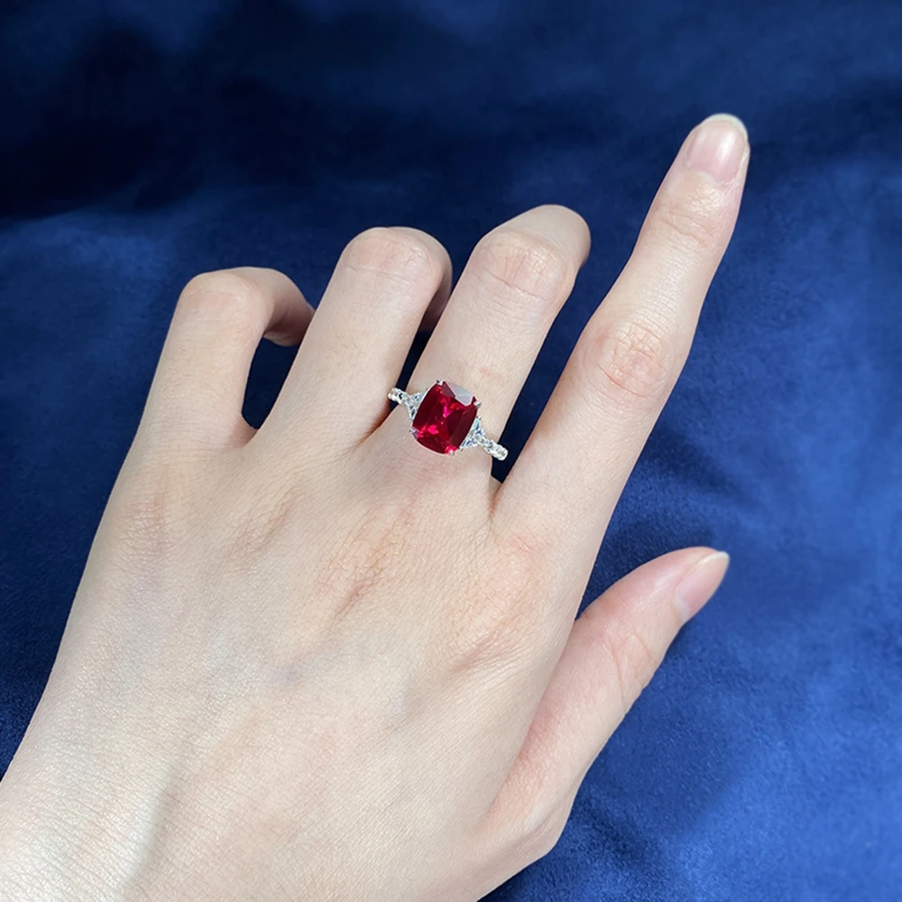 Vinregem 8*10 MM Ruby High Carbon Diamond Gemstone Vintage 100% 925 Sterling Silver Ring for Women Wedding Engagement Jewelry