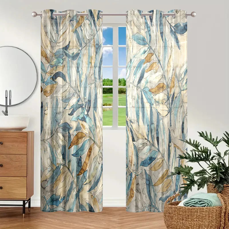 2 pieces, retro art plant leaf pattern semi blackout curtains - perforated processing - living room, bedroom, home decoration