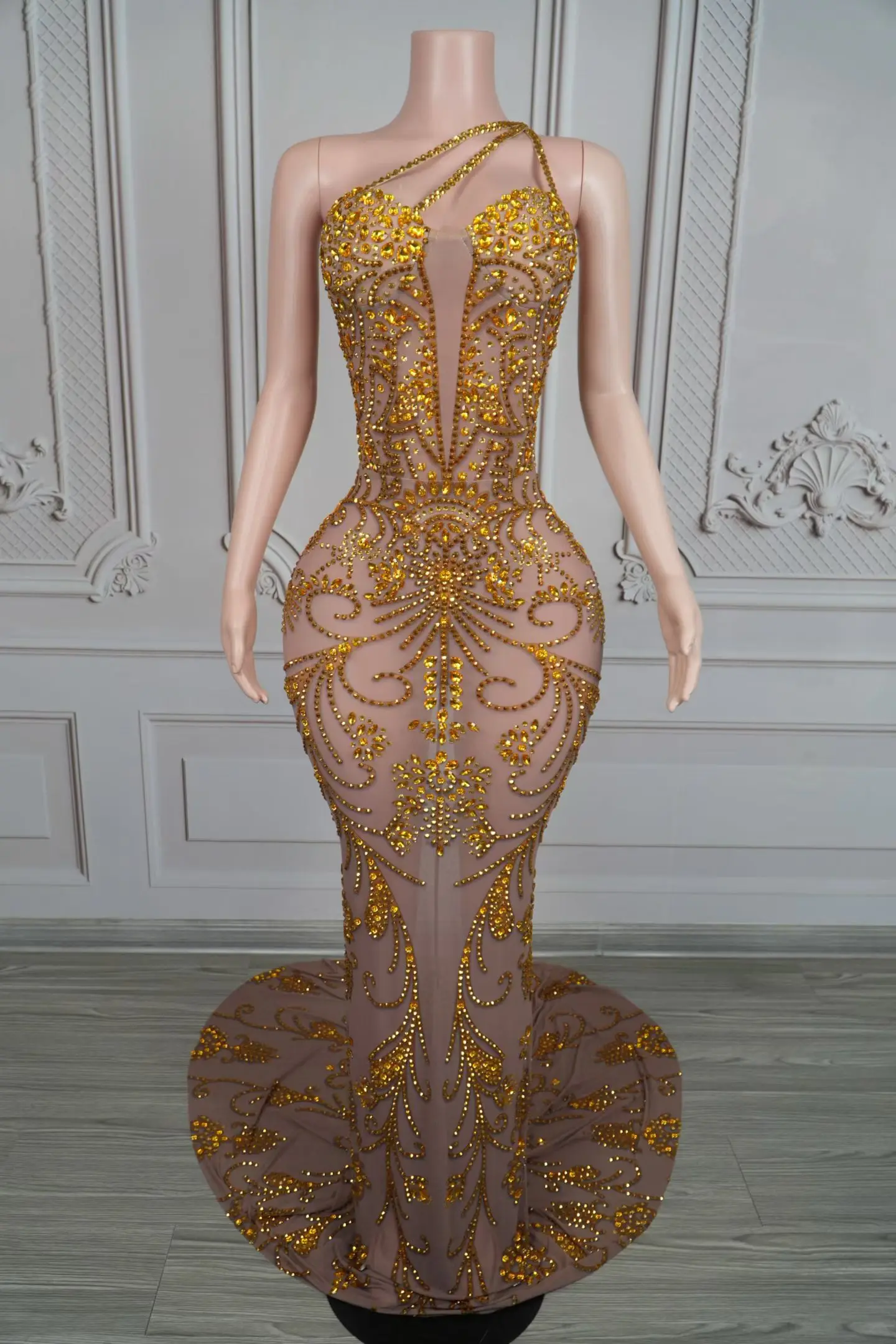 

Yadan Luxury Women Evening Dress Gold Rhinestone Transparent Mesh Suspender Dress Wedding Banquet Birthday Cocktail Prom Gowns