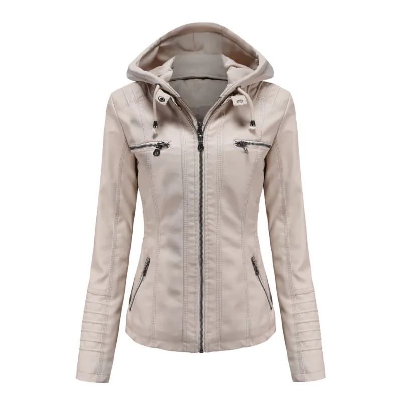 Women's Hooded Drawstring Detachable Hat Leather Jacket Spring Autumn Fashion Casual Zipper Long Sleeve Pocket Slim Street Coats 6