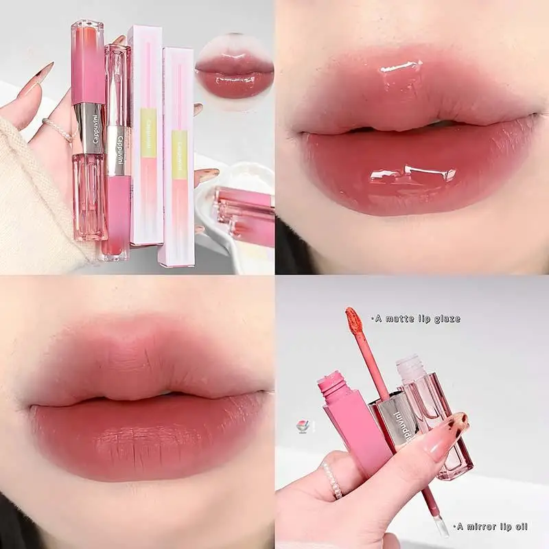 Brillo de labios femenino rosa de doble punta, suave y sedoso, mate, esmalte de labios, espejo, aceite de labios, lápiz labial en capas, maquillaje de larga duración