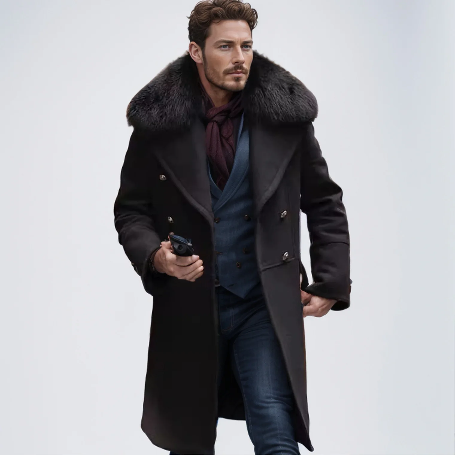 

2025 Winter Men Coat Streetwear Fur Collar Long Sleeve Male Trench Jacket Mid Length Double-breasted Windproof Man Outerwear