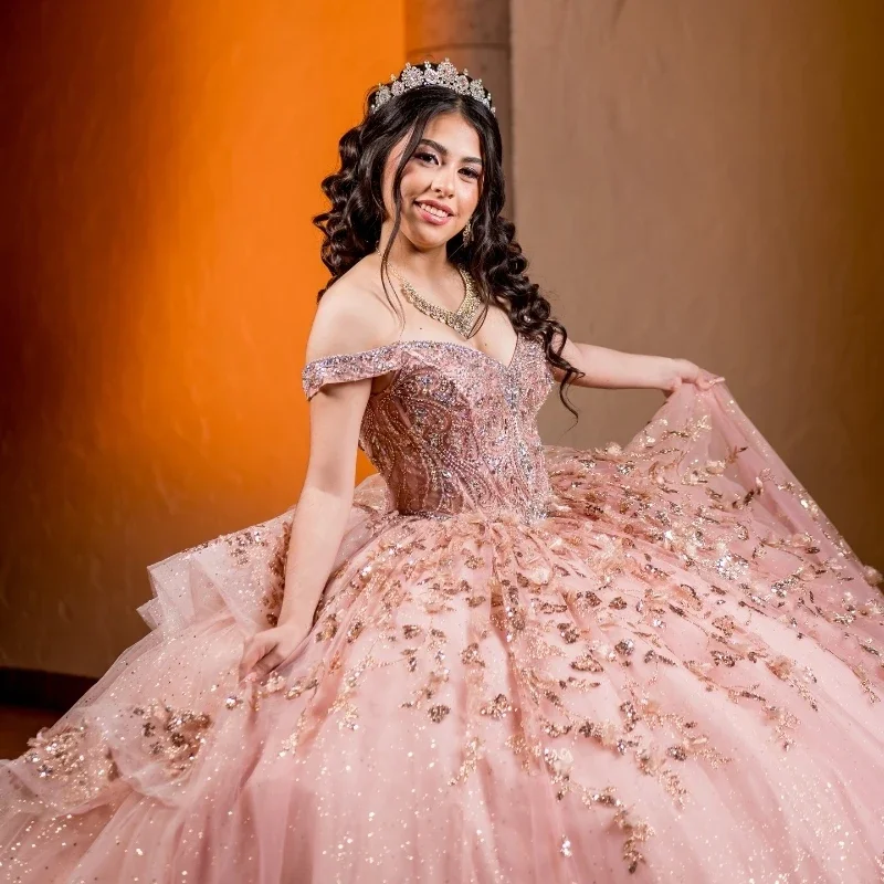 Angelsbridep personalizado glitter renda tule rosa vestido de baile quinceanera vestidos miçangas em camadas ballkleider vestido de festa de aniversário