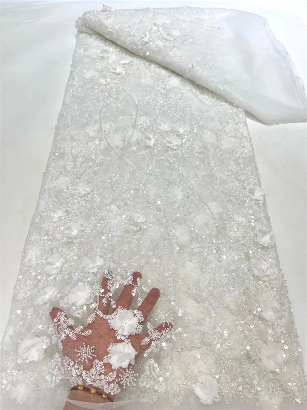 

White Luxurious Nigerian Sequins Lace Fabric 2024 High Quality Embroidery Beads African French Lace Fabric For Wedding Dress