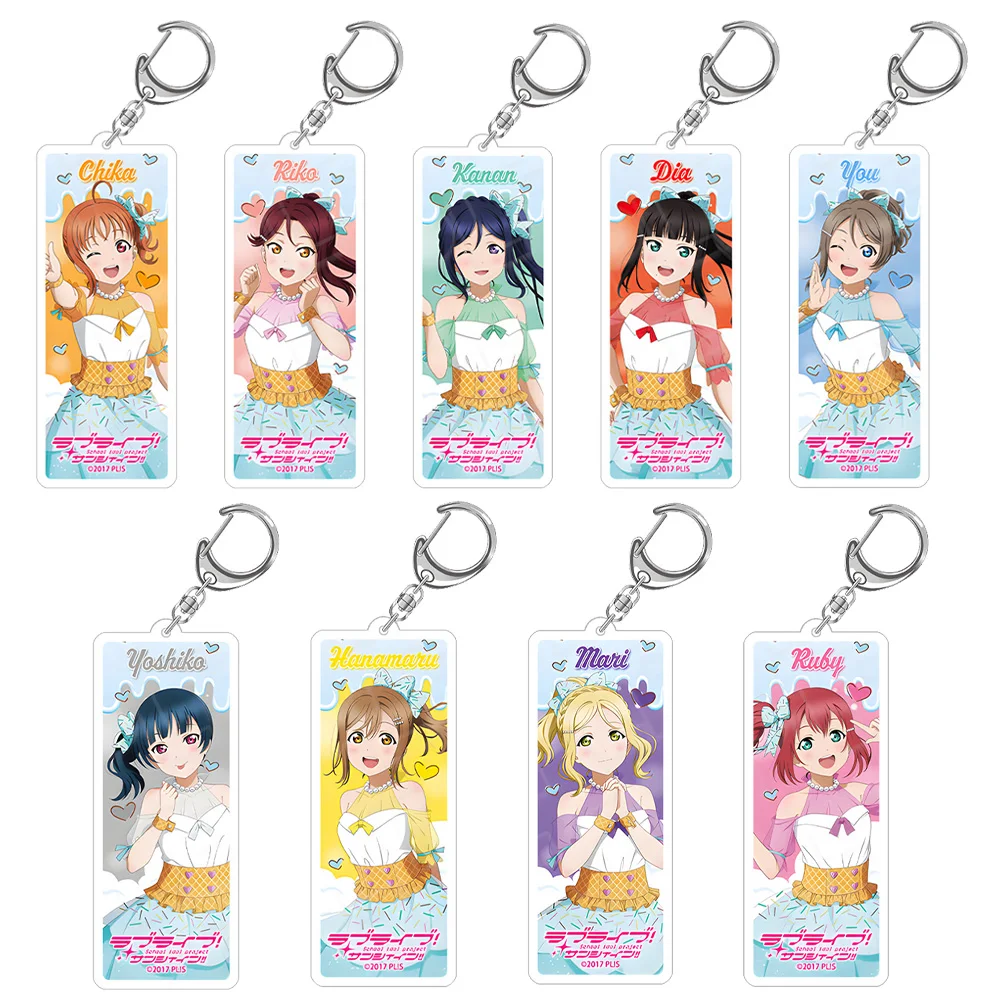 Love Live! Sunshine Cafe Party Ver Dia Kurosawa Chika Takami Mari Ohara Hanamaru Kunikida llavero acrílico rectangular colgante para bolso