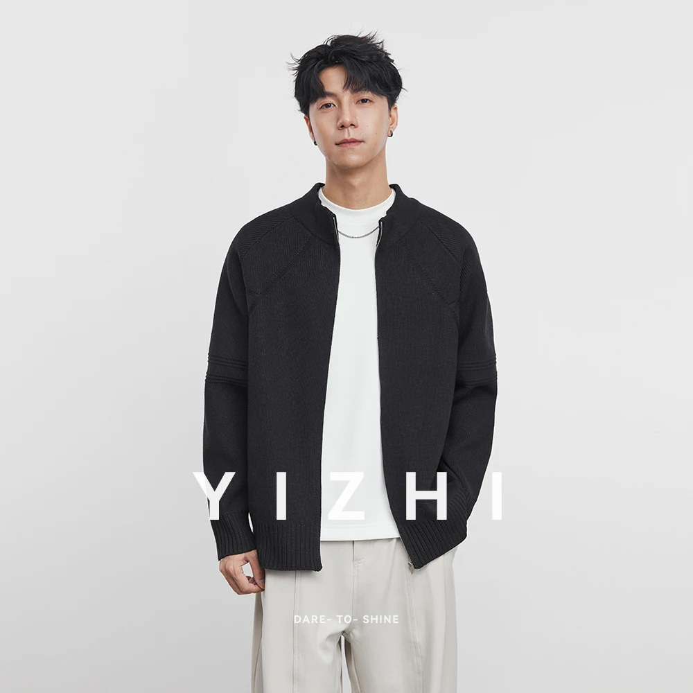 Fashion Men's Korean Simple Heavy Zipper Sweater Spring and Autumn New Long Sleeve Loose Casual Stand Collar Knitted Cardigan