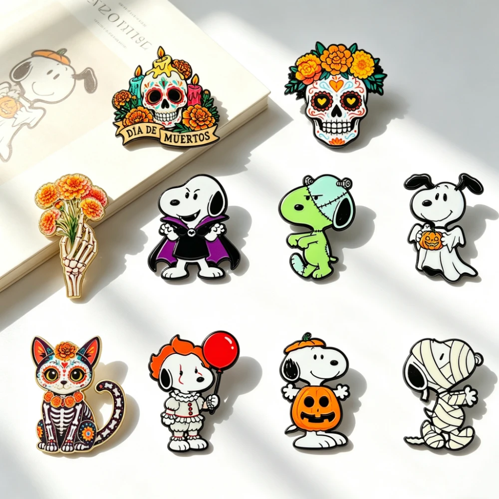 10 Stück Mexiko La Halloween Emaille-Abzeichen, niedliche Tier-Hund-Broschen, Hexen-Mumien, Vampir-Kürbis-Abzeichen, Partygeschenke – Detail 2