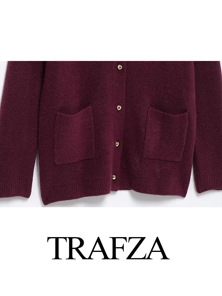 TRAFZA 2025, Damenmode, lässig, gestrickt, Tops, Weinrot, V-Ausschnitt, Taschen, einreihig, Strickjacke, weiblich, lange Ärmel, Pullover