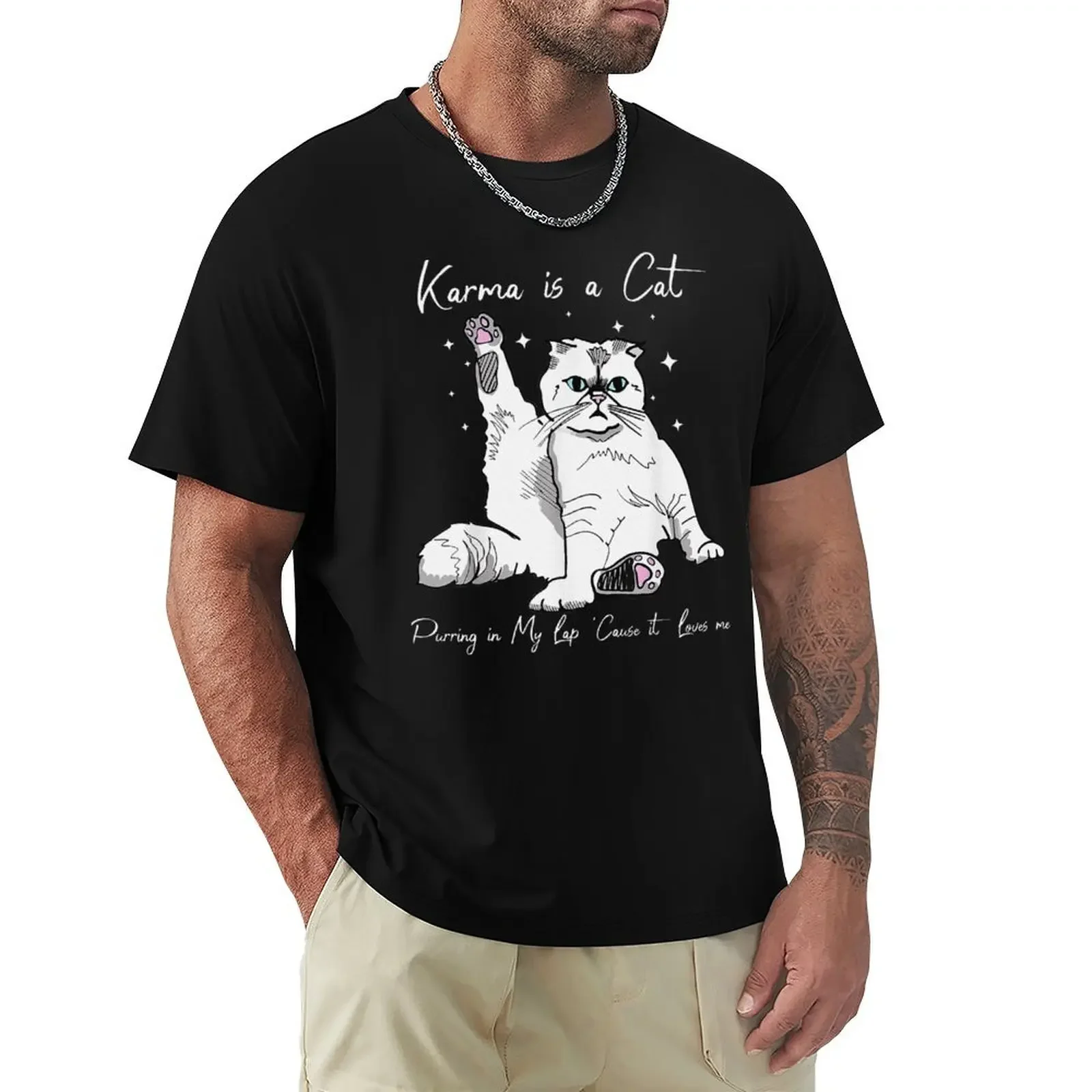 Karma Is A Cat Purring In My Lap Cause It Loves Me Cat Lover T-Shirt graphic t shirt vintage kawaii clothes Men's t-shirt