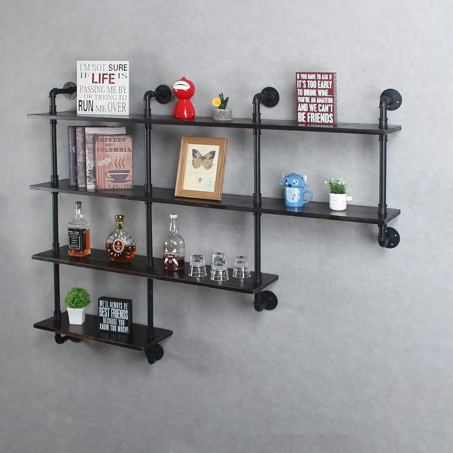 4-Tiers 63inch Industrial Pipe Shelving,Rustic Wooden&Metal Floating Shelves,Home Decor Shelves Wall Mount with Wine Rack