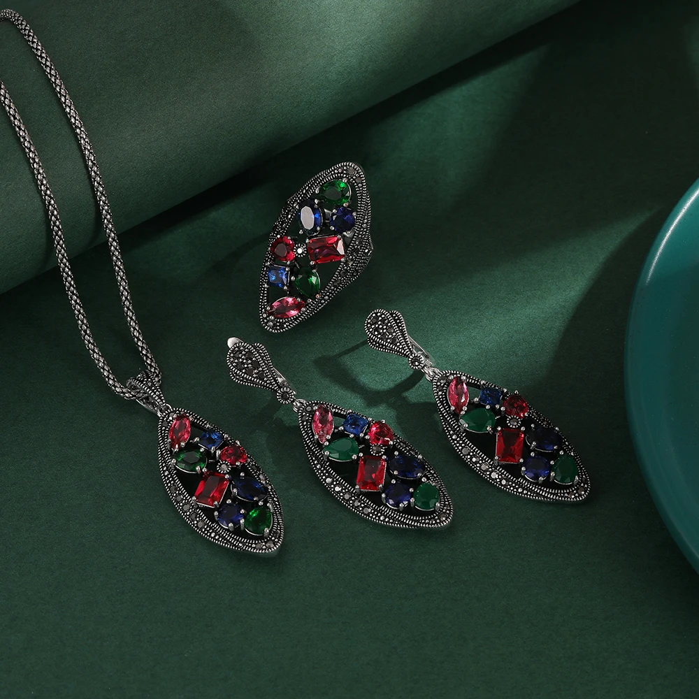 Ajojewel Silver-color Vintage Necklace Ring Earrings Large Jewelry Sets For Women With Green/Red/Colorful Crystals Gift