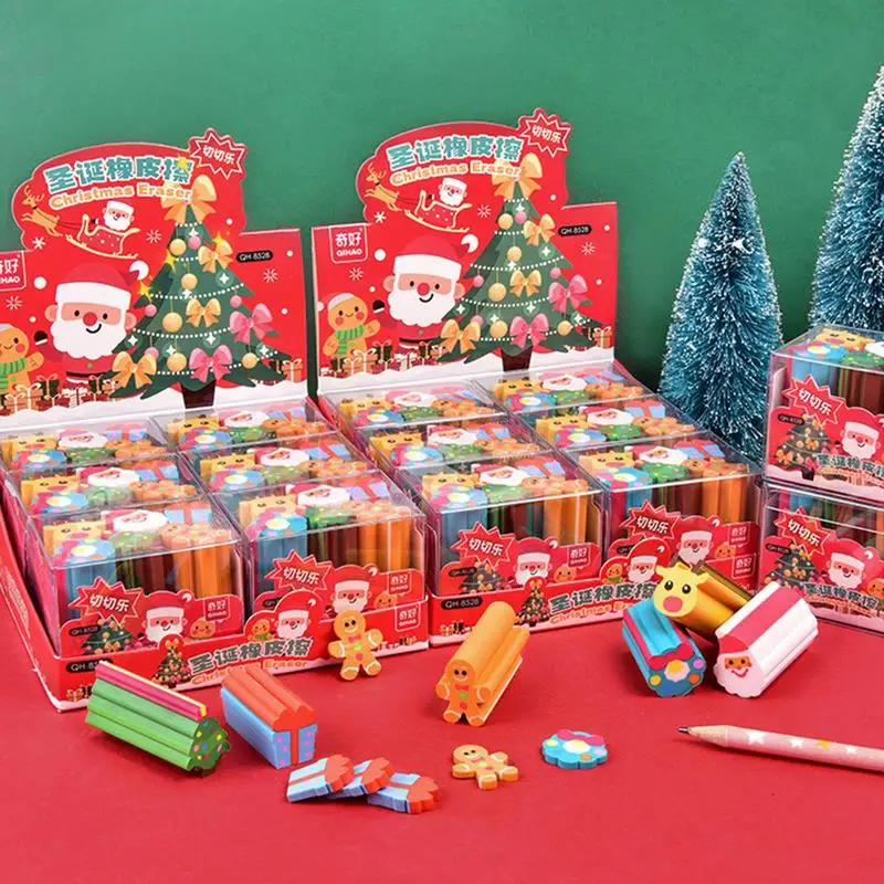 Christmas Character Eraser Set Of 6 Long Novelty Christmas Erasers Colorful Santa Pencil Erasers Cute Christmas Tree Erasers 3D