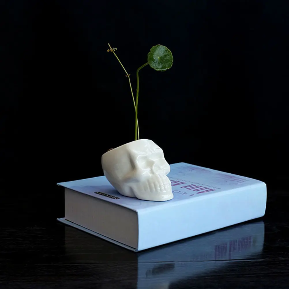 2Pcs High Quality Ceramic Skull Planter Small Succulent Pot Cactus Flower Container Desk Decor Bookshelf Cabinet Ornament White
