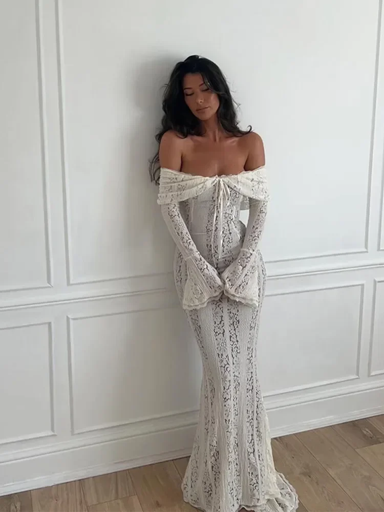 

Lace Hollow Out One-shoulder Slim Long Dress For Women Solid Lace Up Waistless Dresses 2025 Chic Sexy Female Party Date Robes