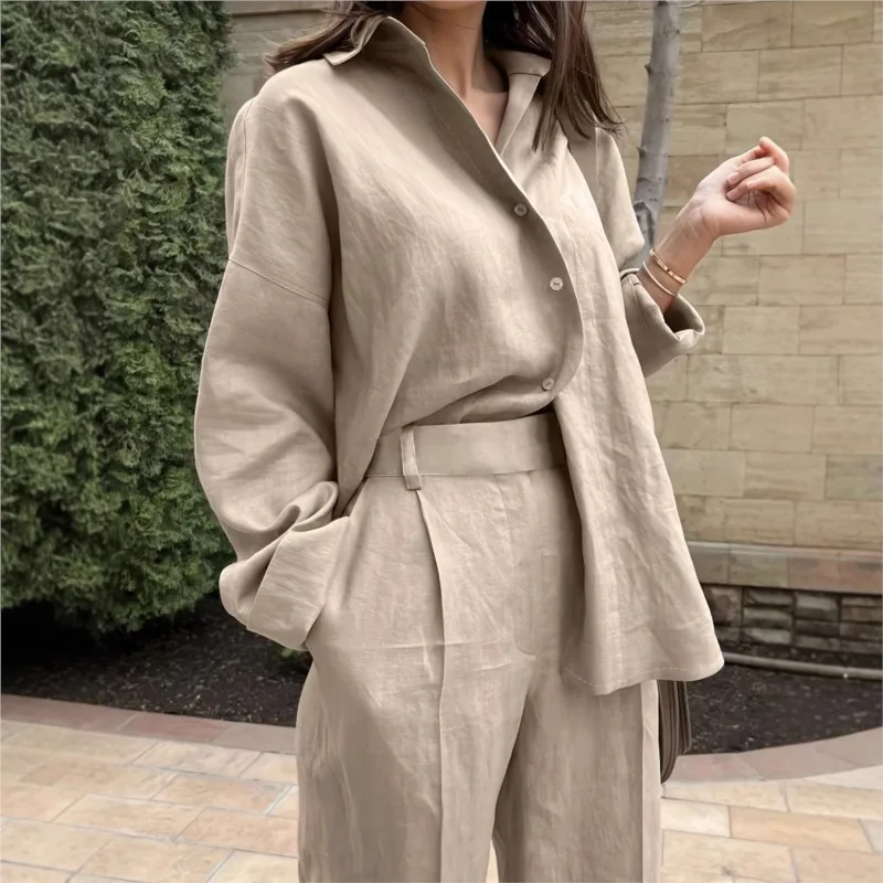 

Pure Color Shirt Trousers Set Europe And America 2025 Spring And Autumn New Loose Long-sleeved Pocket Casual Suit Women's Outfit