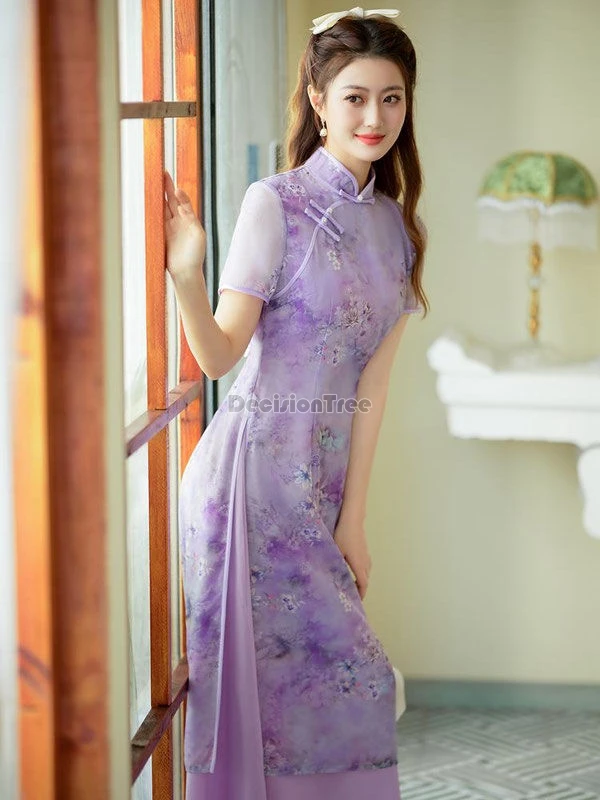2025 oriental classical beauty improved qipao temperament printing fairy vietnam aodai set mandarin collar elegant chiffon dress