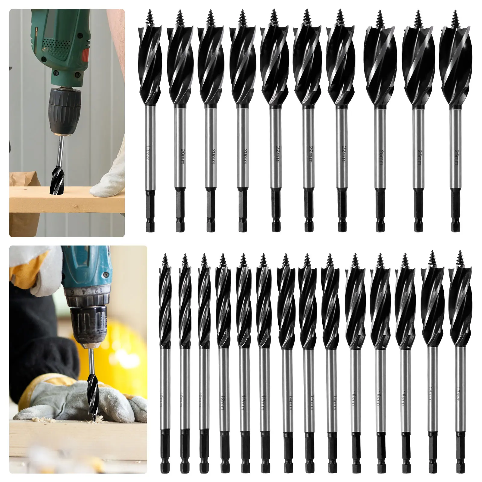 

24Pcs 10-25mm Hex Shank Twist Drill Bit Set with Nonslip Wood Fast Cut Auger Carpenter Drill Bit Wood Cut Suit for Woodworking