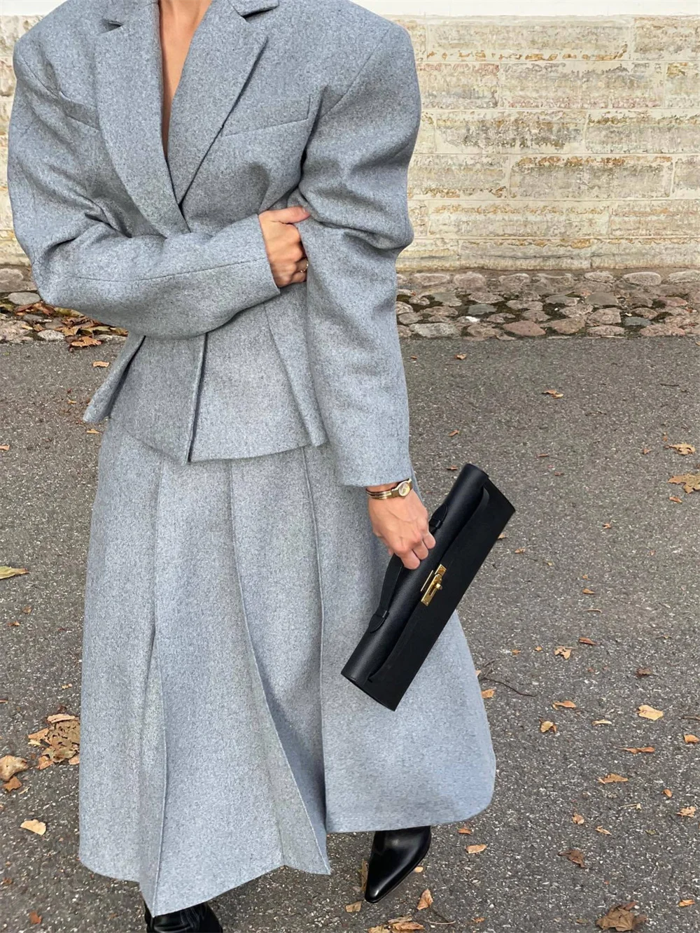 Elegant Grey Woolen Coat and Long Skirt Set Women Lapel Full Sleeve Jacket and A-line Pleated Skirt Lady Office Autumn Winter  O