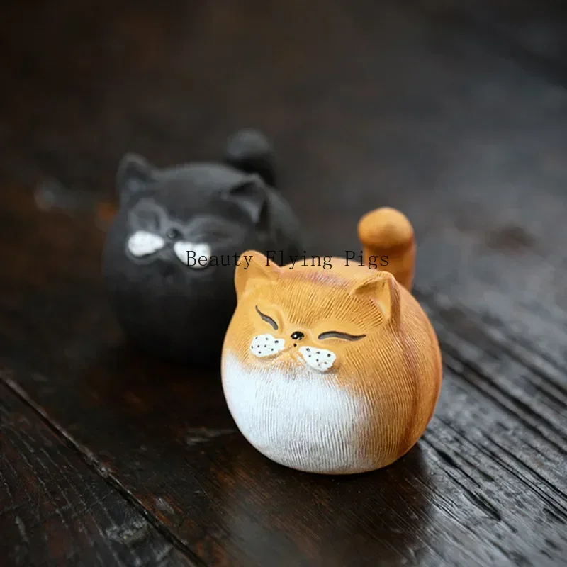 Yixing Sculpture Purple Clay Tea Pet Cute Lucky Cat Statue Animal Tea Set Accessories chinese tea accessories