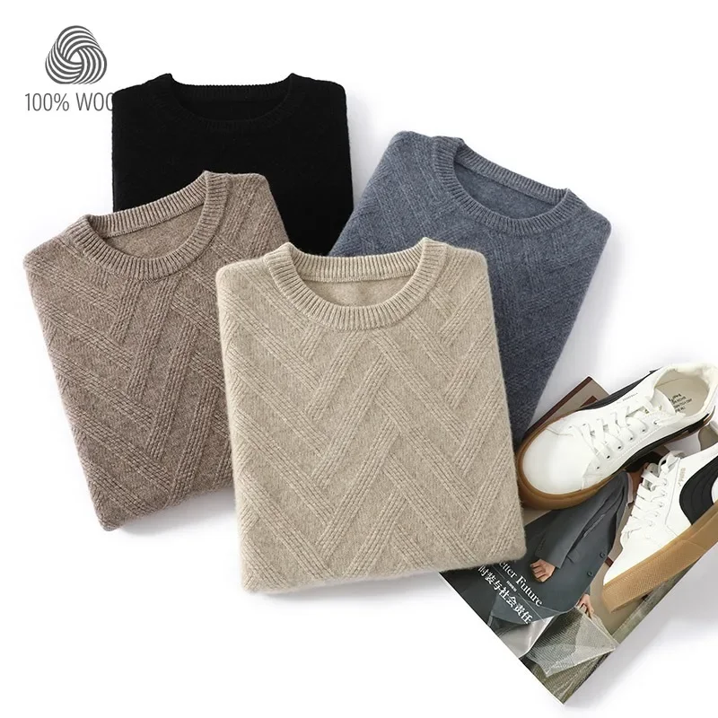 100% Merino Wool Sweater Autumn Winter Thick Crewneck Knitted Pullover Warm Casual Top Plus Size S-3XL