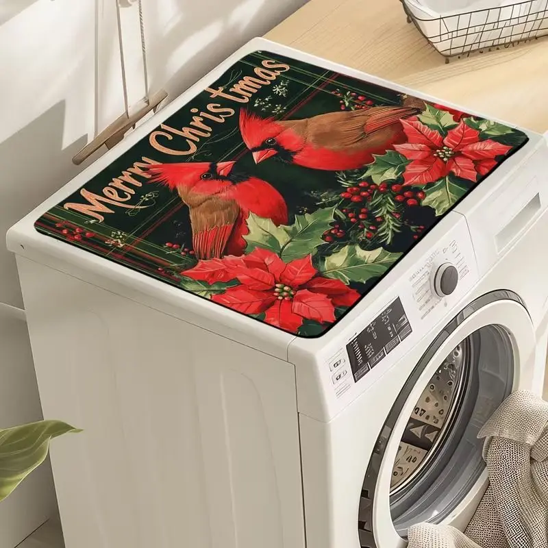 VIKAMA Merry Christmas Cardinal Bird Poinsettia Flower Vintage Washing Machine Top Cover Mat Non-Slip Dustproof Washer Dryer Pad